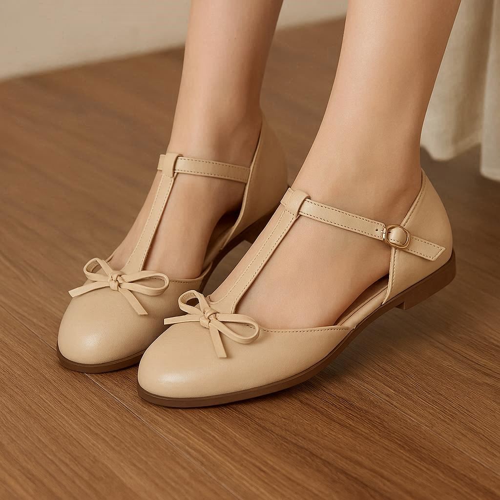 Women's Mary Jane Flats - T-Strap Ballet Style, Cute Bow Accent Casual Shoes